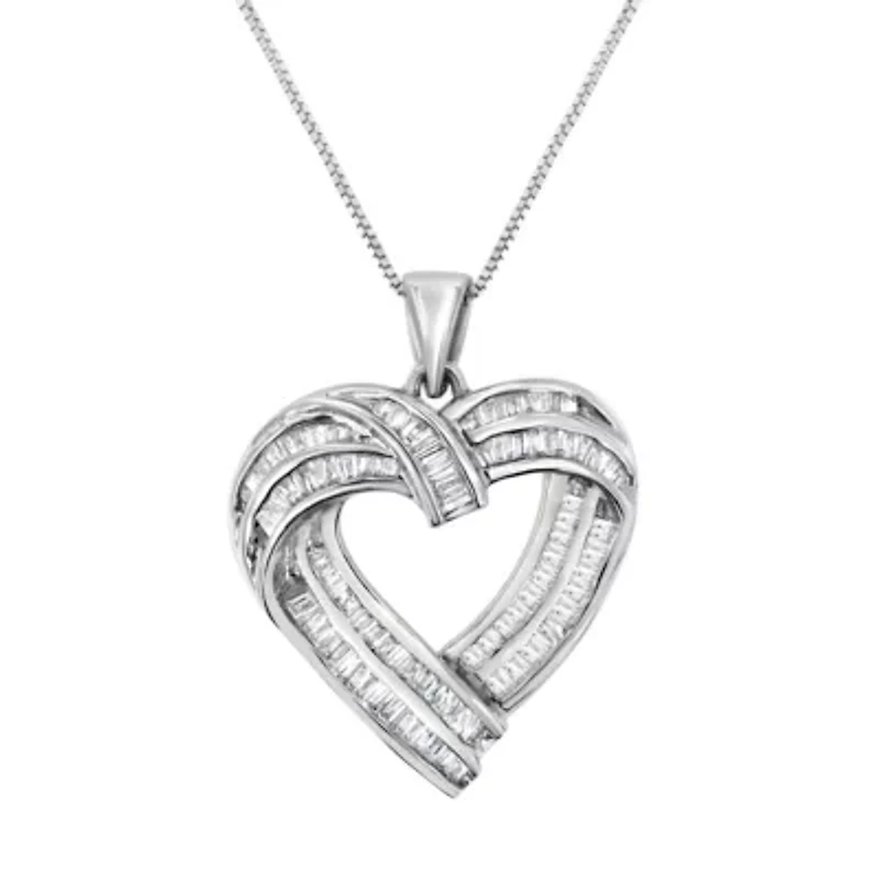 Sterling Silver 7/8 cttw Baguette Diamond Heart Pendant Necklace