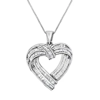 Sterling Silver 7/8 cttw Baguette Diamond Heart Pendant Necklace