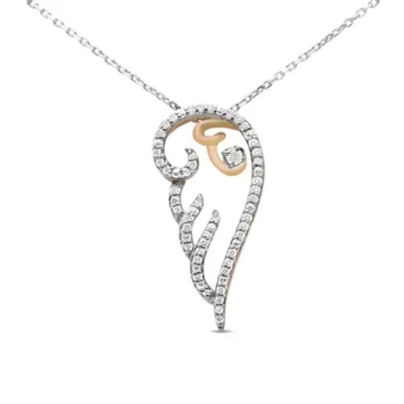 10K Yellow Gold over Silver 1/4 Cttw Diamond Angel Wing 18" Pendant Necklace