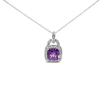 Silver 10X10 MM Cushion Purple Amethyst and Diamond Accent Halo 18" Pendant Necklace