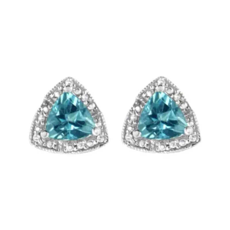 Silver 6x6 mm Trillion Blue Topaz Gemstone and Diamond Accent Stud Earring