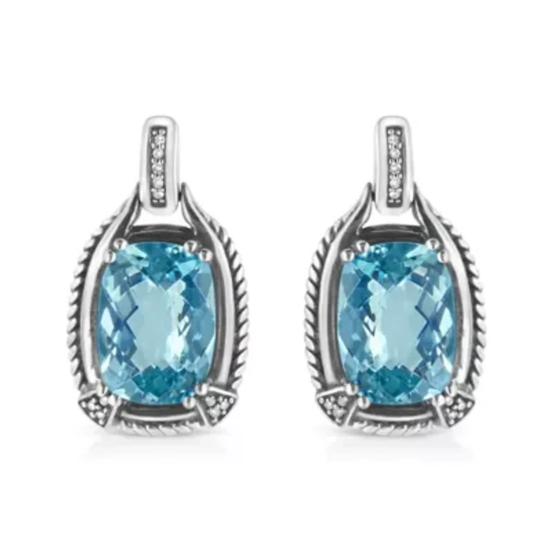 Silver 14x10MM Cushion Blue Topaz Gemstone and Diamond Accent Dangle Earring