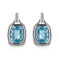 Silver 14x10MM Cushion Blue Topaz Gemstone and Diamond Accent Dangle Earring