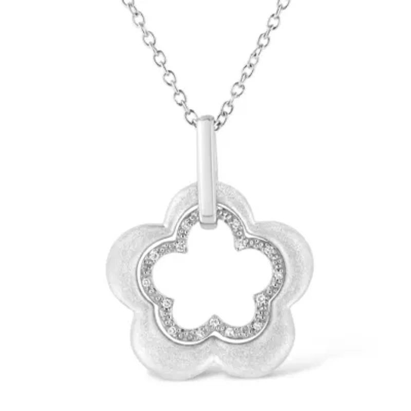 Matte Finished Silver Diamond Accent Double Flower Shape Satin Pendant Necklace