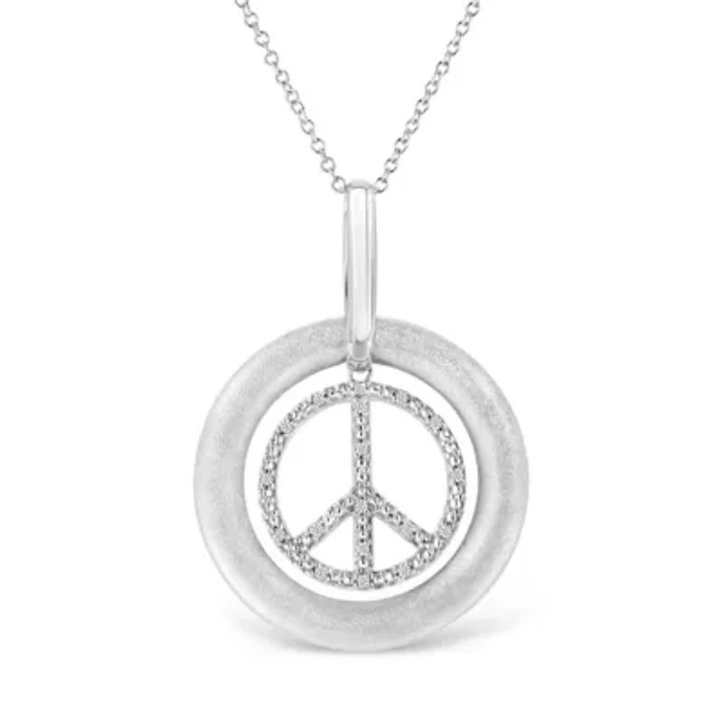 Matte Finish Silver Diamond Accent Dancing Peace Sign 18" Pendant Necklace