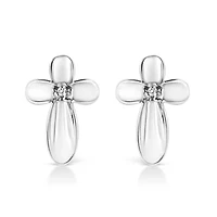 Silver Prong Diamond Accent Floral Cross Stud Earring