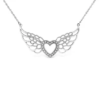 .925 Sterling Silver Pave-Set Diamond Accent Fairy Wing 18" Heart Pendant Necklace