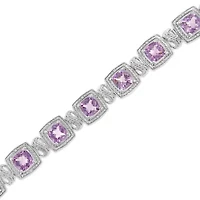 Silver 7x7 mm Cushion Purple Amethyst and 1/10 cttw Diamond Tennis Bracelet