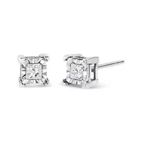 Silver 1/4 Ct Miracle Princess Solitaire Stud Earrings