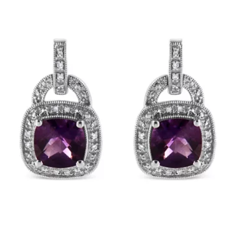 Silver 8MM Natural Cushion Shaped Amethyst Diamond Accent Halo Dangle Earrings