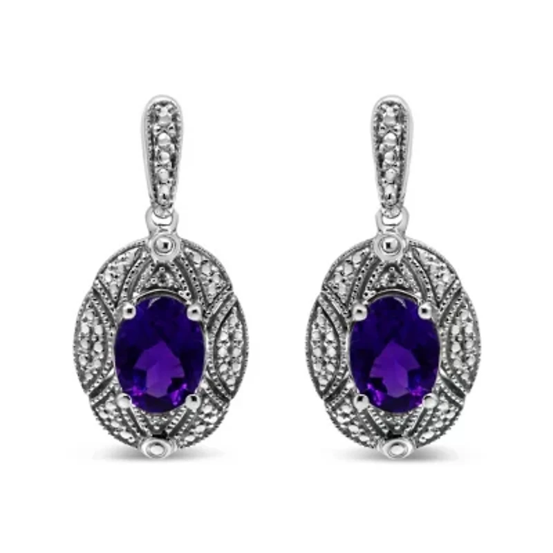 Silver Diamond Accent and 8x6mm Purple Oval Amethyst Stud Earrings