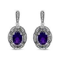 Silver Diamond Accent and 8x6mm Purple Oval Amethyst Stud Earrings