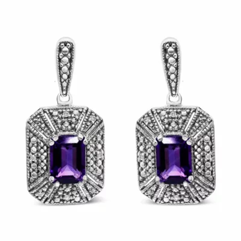 Silver Diamond Accent and 7x5mm Purple Amethyst Stud Earrings