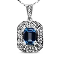Silver Blue Topaz and Diamond Accent Art Deco Style 18" Pendant Necklace