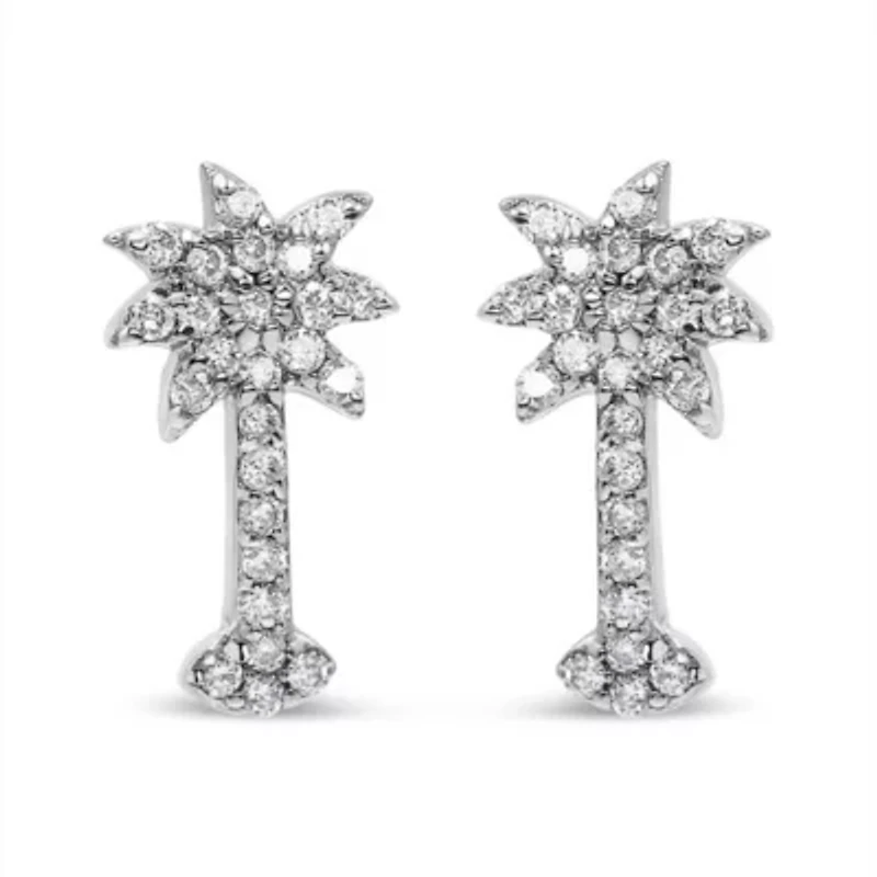 14K White Gold 1/4 Ct Diamond Palm Tree Stud Earrings