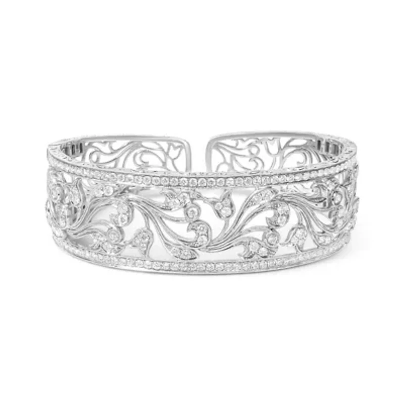 18K White Gold 3 1/4 Cttw Diamond Openwork Bangle Cuff Bracelet
