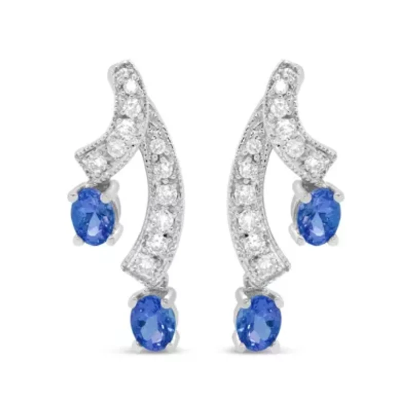 14K White Gold Oval Shaped Natural Blue Diamond Double Drop Stud Earrings