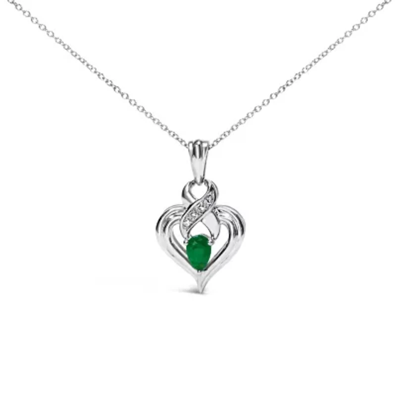 Silver 6x4mm Pear Emerald and Diamond Accent Heart Pendant Necklace - 18 Inches