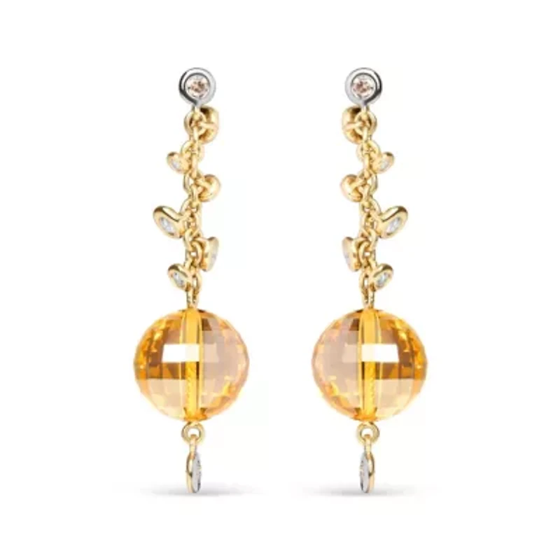 18K Gold 2/3 Cttw Diamond & Ball Shaped Citrine Gemstone Dangle Stud Earring