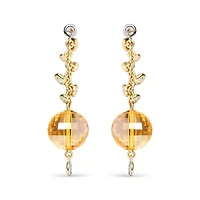 18K Gold 2/3 Cttw Diamond & Ball Shaped Citrine Gemstone Dangle Stud Earring