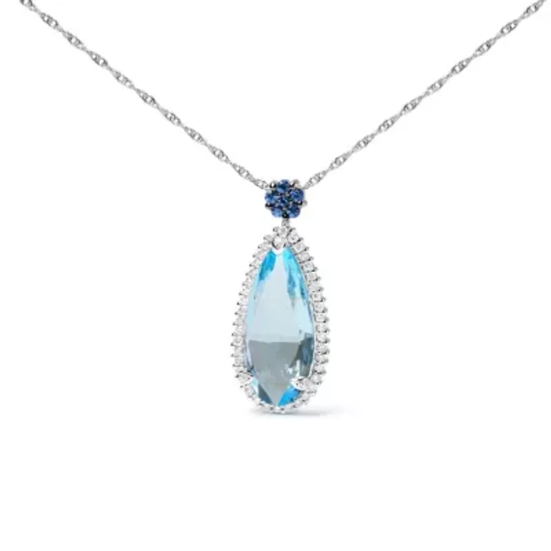 Gold 3/8 Ctw Diamond Topaz and Sapphire Floral Pendant Necklace