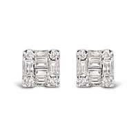 10K White Gold 1/7 Ct Round and Baguette Diamond Mosaic Square Stud Earrings