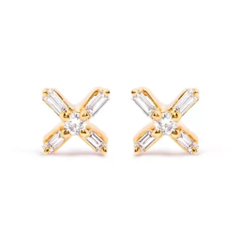 10K Yellow Gold 1/10 Ct Round and Baguette Diamond Criss Cross X Stud Earring