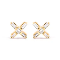 10K Yellow Gold 1/10 Ct Round and Baguette Diamond Criss Cross X Stud Earring