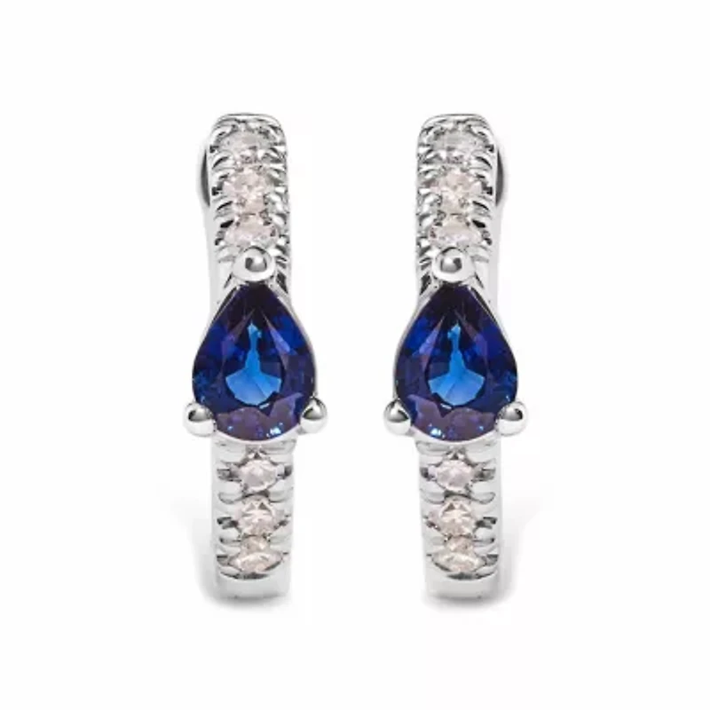 10K White Gold Pear Shaped Blue Sapphire and 1/10 Ct Diamond Huggy Hoop Earrings