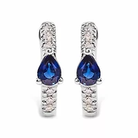 10K White Gold Pear Shaped Blue Sapphire and 1/10 Ct Diamond Huggy Hoop Earrings