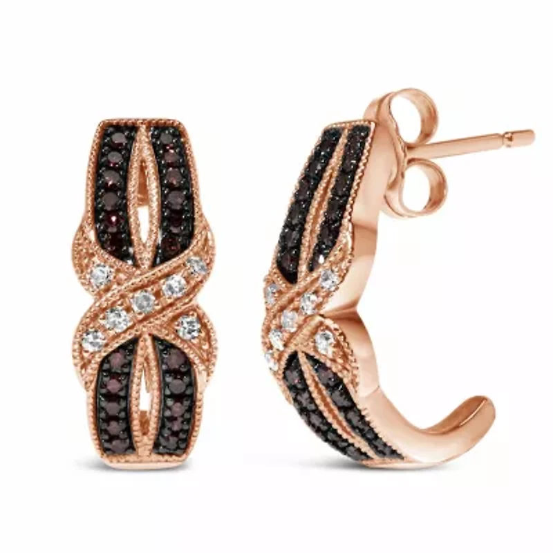 10K Rose Gold 1/3 Ct White and Brown Diamond Milgrain Criss Cross J-Hoop Earrings