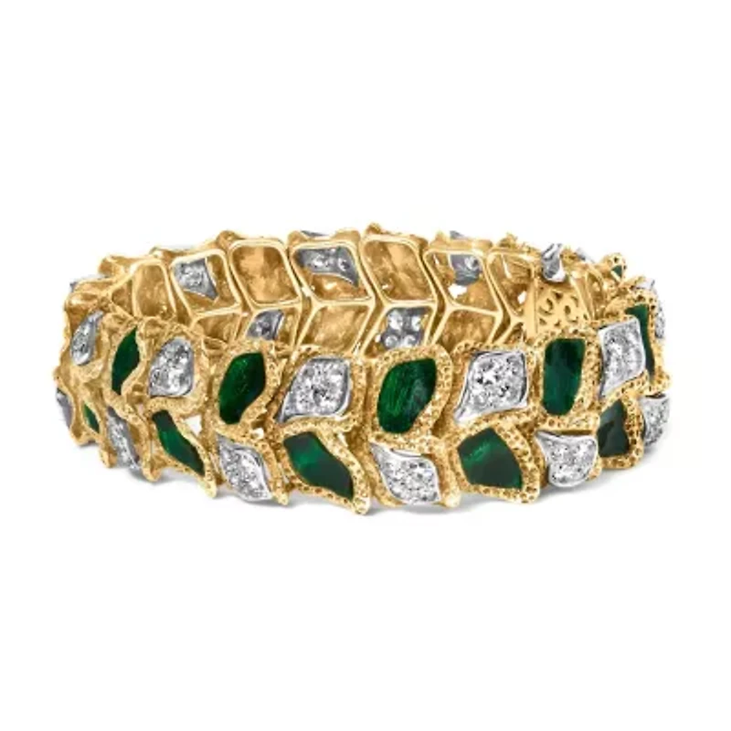 18K Gold 3 1/4 Ctw Diamond & Green Enamel Gold Textured Bracelet
