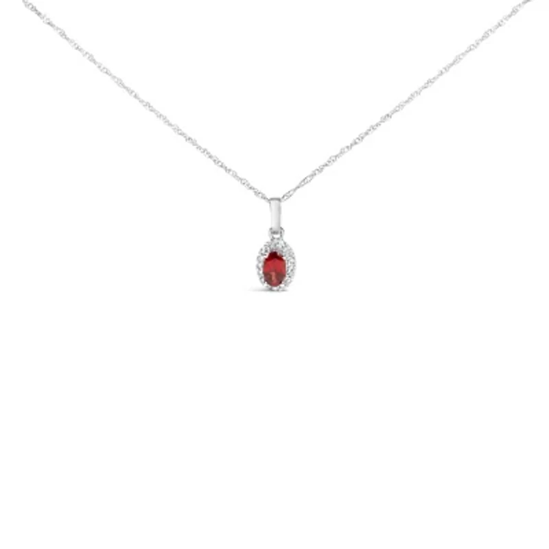 10K White Gold 5x3mm Red Garnet and Diamond Accent Halo Oval Shape Pendant Necklace