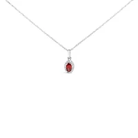 10K White Gold 5x3mm Red Garnet and Diamond Accent Halo Oval Shape Pendant Necklace