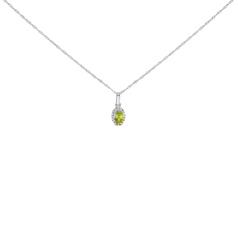 10K White Gold Yellow Peridot and Diamond Accent Halo Oval Shape Pendant Necklace