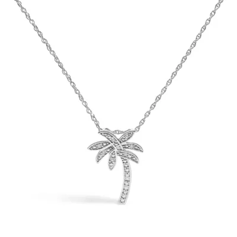 .925 Sterling Silver Diamond Accent Palm Tree Pendant Necklace - 18" Inches