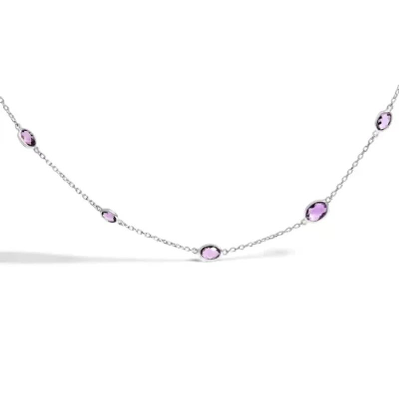 Silver Checkerboard Cut Purple Amethyst Bezel Station Necklace - 22" Inches