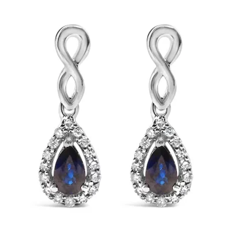 10K White Gold Pear Blue Sapphire 1/7 Ct Diamond Infinity Drop and Dangle Earrings