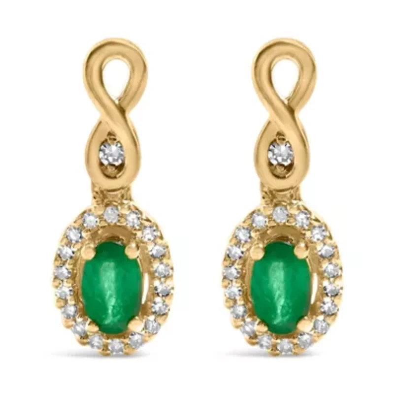 10K Yellow Gold Oval Green Emerald 5x3 mm and 1/7 Ct Diamond Dangle Earrings