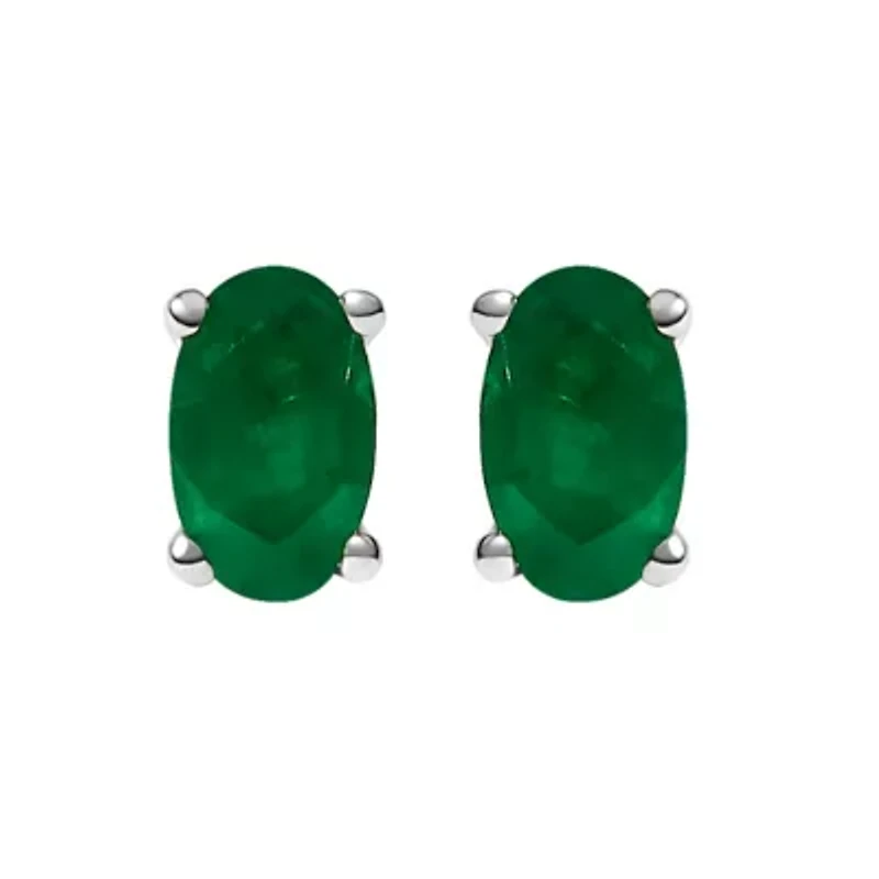 14K White Gold 5x3 MM Oval Green Emerald Solitaire Stud Earrings