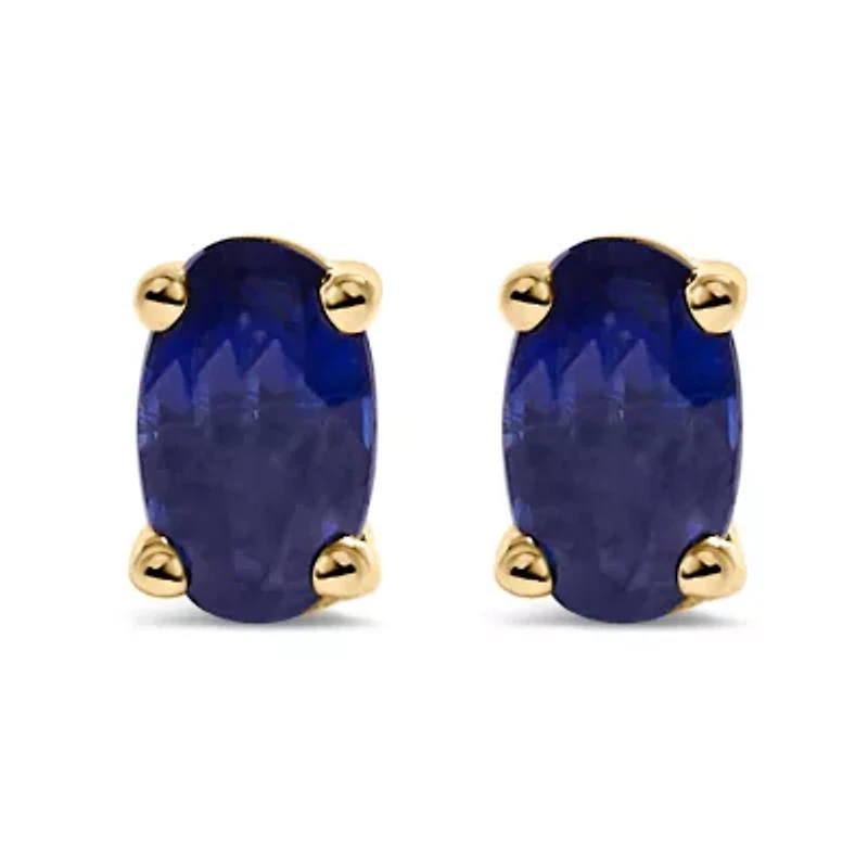 14K Yellow Gold 5x3 MM Oval Blue Sapphire Solitaire Stud Earrings