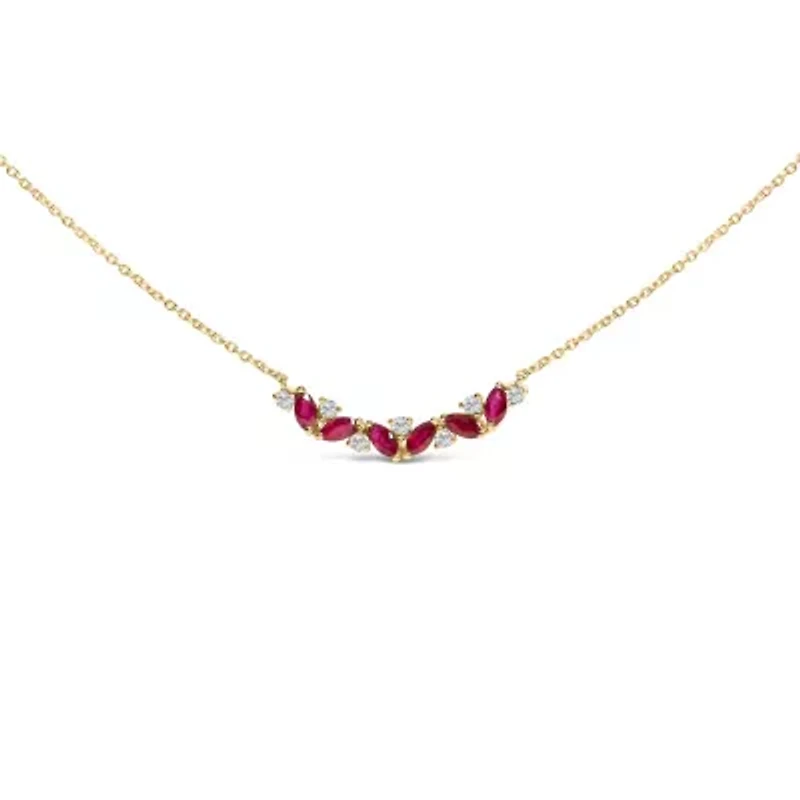 14K Yellow Gold Red Ruby and Diamond Trio Bar Line Necklace - 18 inch