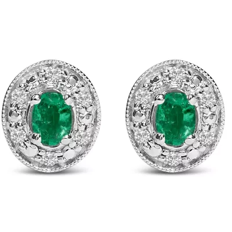 14K White Gold Oval Green Emerald and 1/10 Ct Diamond Halo Stud Earrings