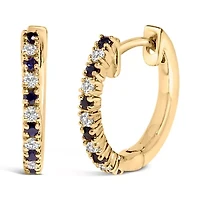10K Yellow Gold Alternating Blue Sapphire 1/10 Ct Diamond Huggy Hoop Earrings