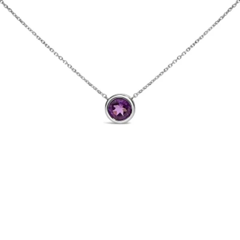 Lab Created Silver 7MM Bezel Set Created Purple Amethyst Pendant Necklace - 18" Inches