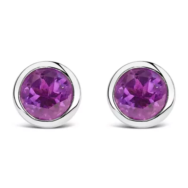 Silver 6MM Bezel Created Purple Amethyst Solitaire Stud Earrings