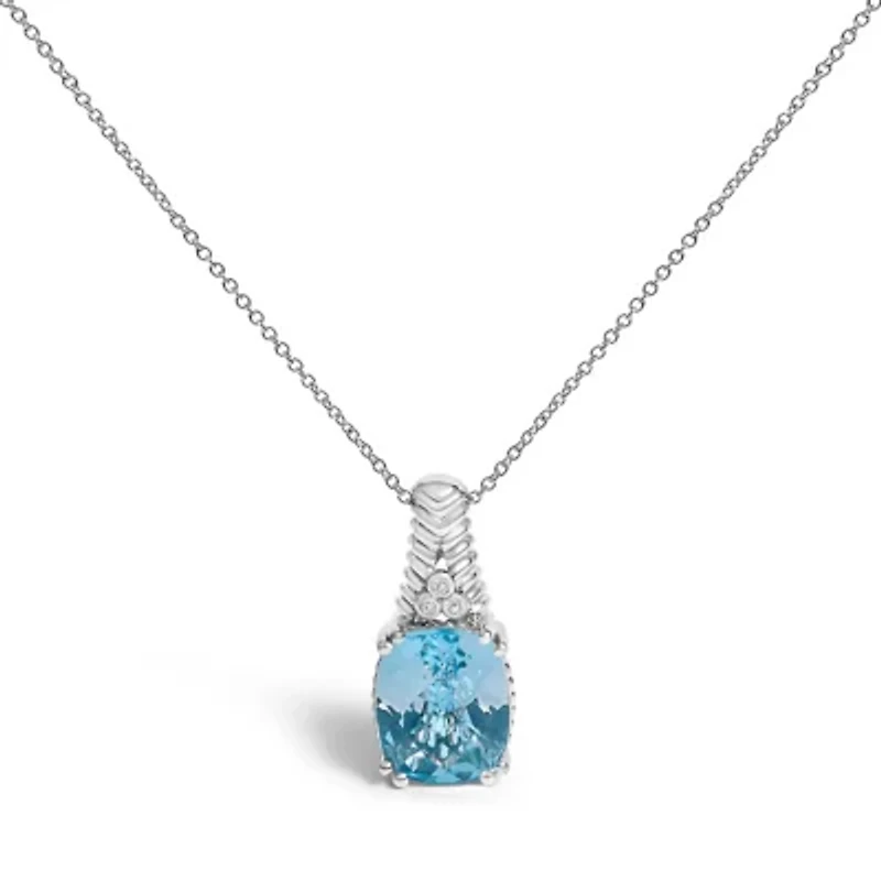 Silver Blue Topaz and Diamond Accent Textured Pendant Necklace - 18" Inches