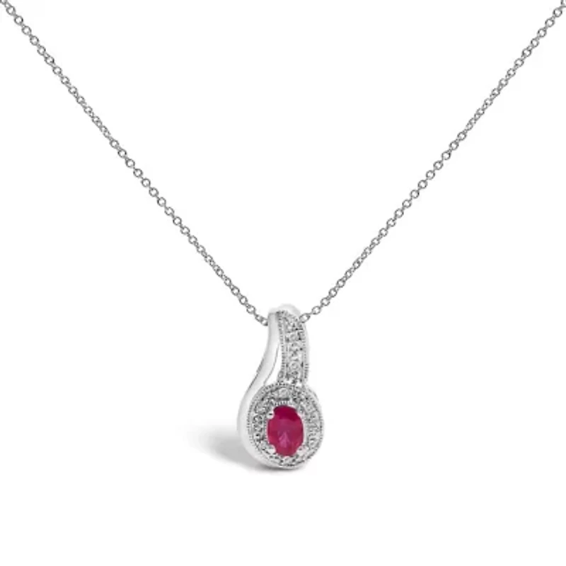 Silver Red Ruby and Diamond Accent Milgrain Swirl Pendant Necklace - 18" Inches