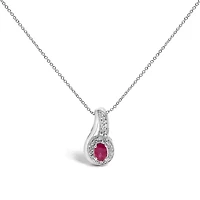 Silver Red Ruby and Diamond Accent Milgrain Swirl Pendant Necklace - 18" Inches