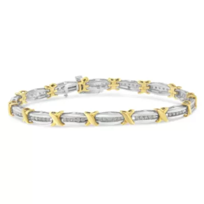 10K Yellow Gold over Silver 1.0 Cttw Diamond Tapered & X-Link Tennis Bracelet